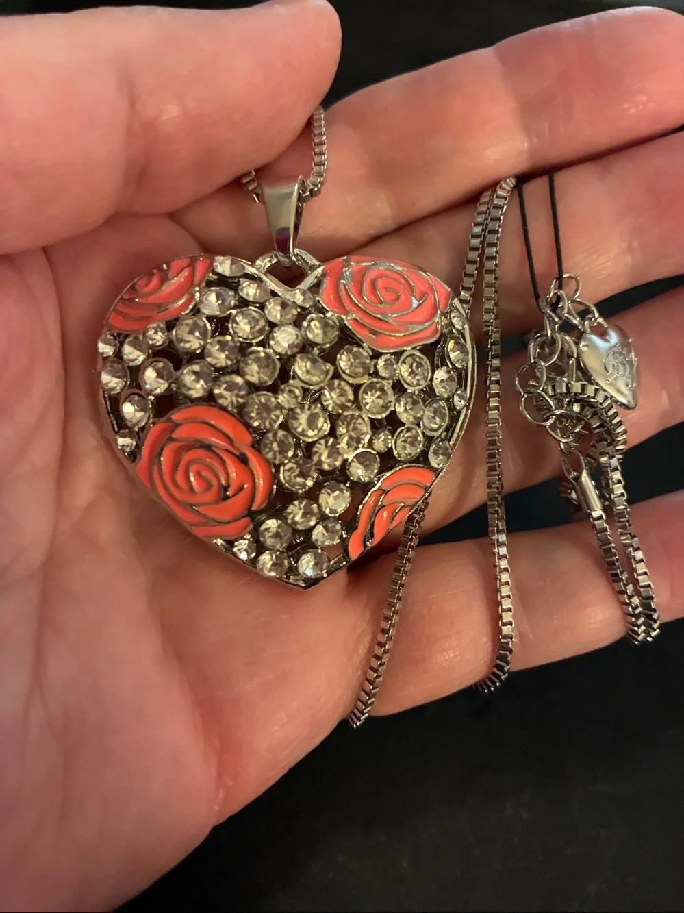 Coral Rose Crystal Heart Pendant Necklace